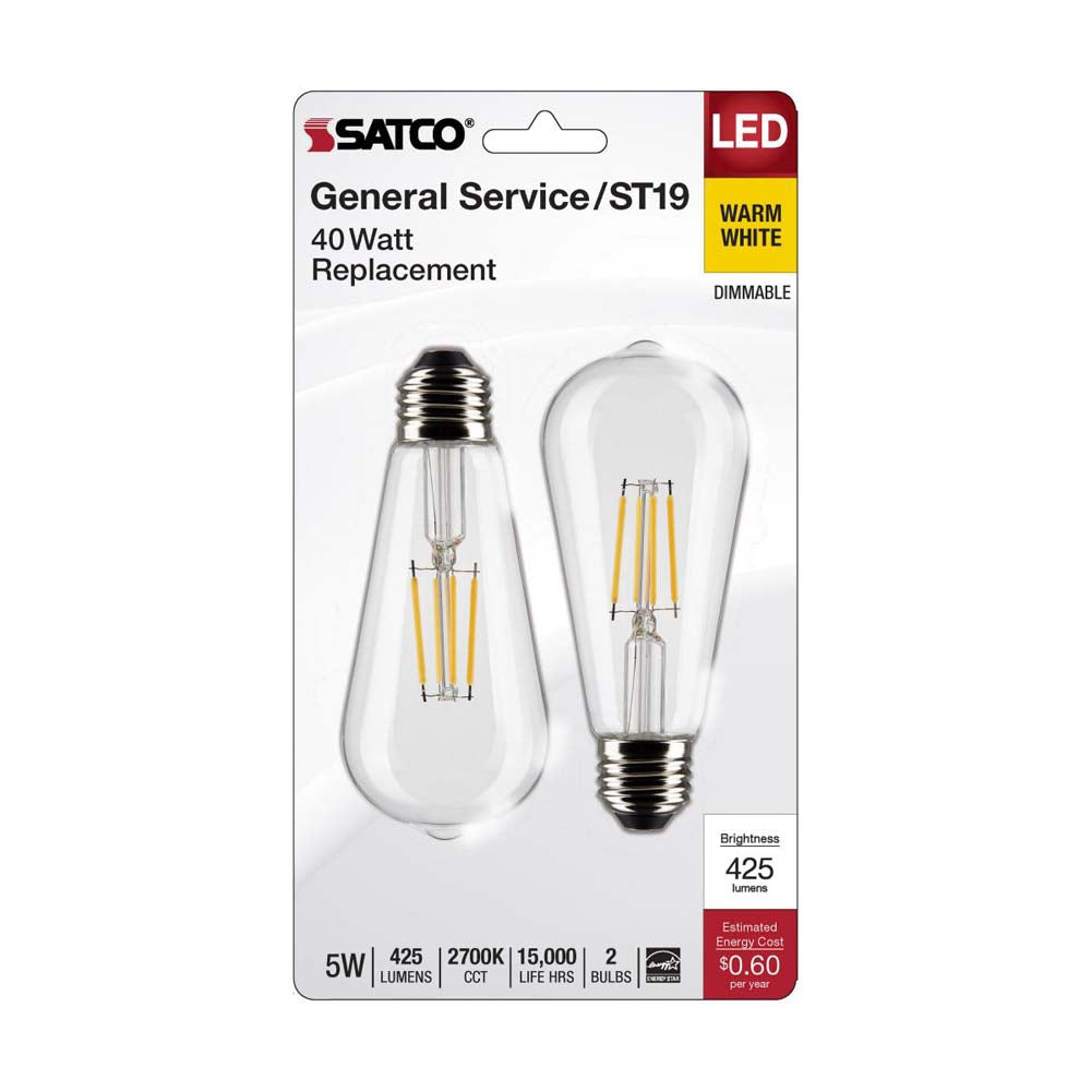2Pk - 5W ST19 LED Clear Medium Base 2700K 425 Lumens