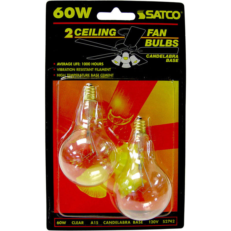 Satco S2742 60W 120V A15 Clear E12 Candelabra Base Incandescent lamp - 2 bulbs