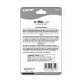 Satco 25w Incandescent T6 180Lm E12 Candelabra base 120v Clear Finish Bulb - BulbAmerica