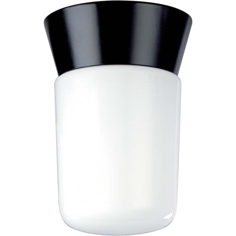 8-in Utility Ceiling Mount w/ White Glass Cylinder Black Finish