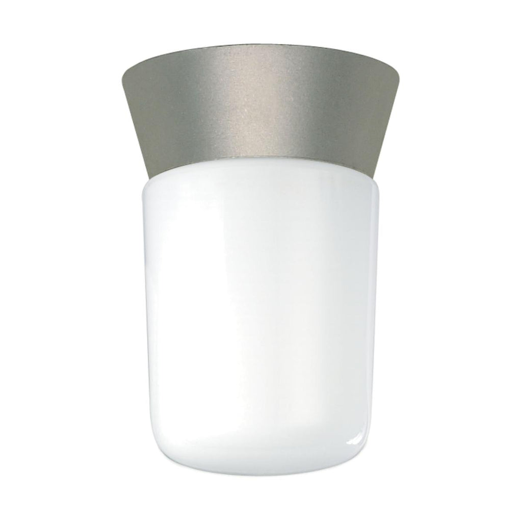 8-in Utility Ceiling Mount w/ White Glass Cylinder Satin Aluminum Finish