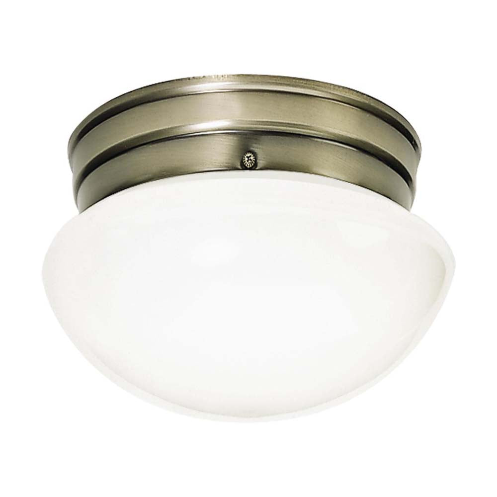 1-Light 8-in Flush with White Glass in Antique Brass Finish