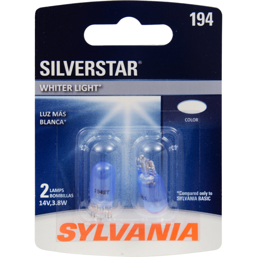 2Pk Sylvania 194 SilverStar 3.8w 14v Brighter and Whiter Automotive Light Bulb