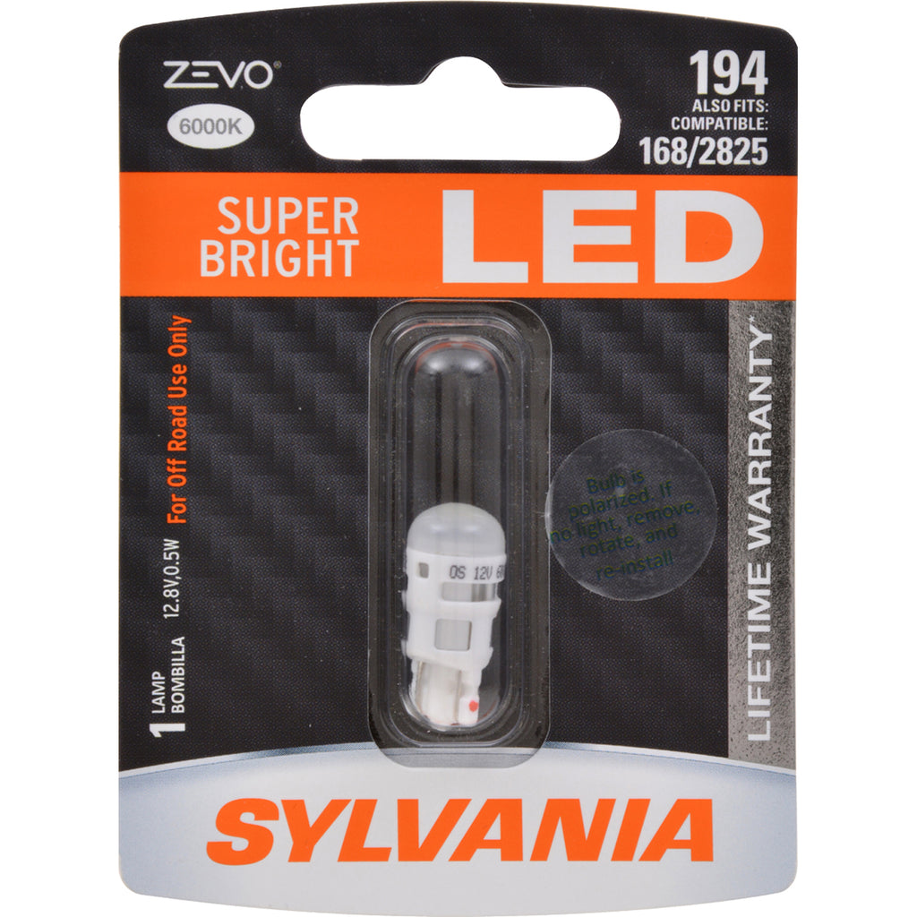 Sylvania 194 ZEVO T10 LED W5W Super Bright 6000K 12.8v Automotive Light Bulb