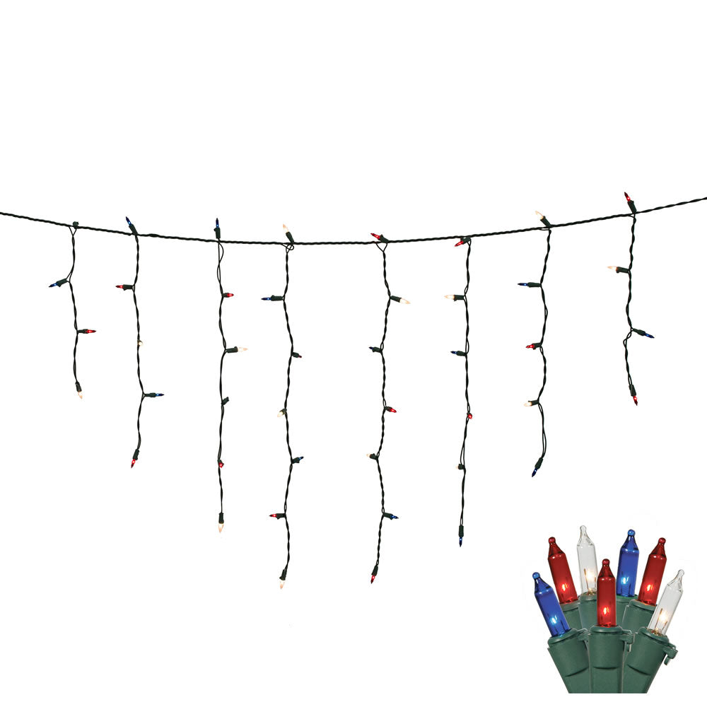 2 Pack - 100 Red / White / Blue Icicle Lights Green Wire 9Ft. Christmas Set