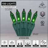 100 Green Mini Lights, Lamp Lock 6" Spacing - BulbAmerica