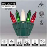 100 Red, Green, White Frost Mini Lights, Lamp Lock 6" Spacing - BulbAmerica