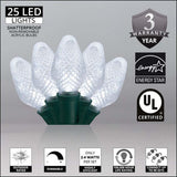 25 Cool White C7 LED Christmas Lights, Green Wire, 8" Spacing - BulbAmerica