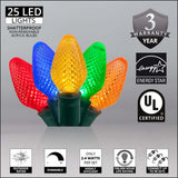 25 Multicolor C7 LED Christmas Lights, Green Wire, 8" Spacing - BulbAmerica
