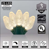 25 Warm White C7 LED Christmas Lights, Green Wire, 8" Spacing - BulbAmerica