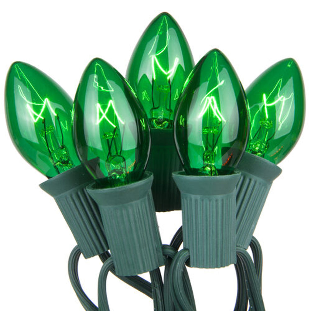 C7 Green Transparent Steady 25 Light Set 12" Spacing