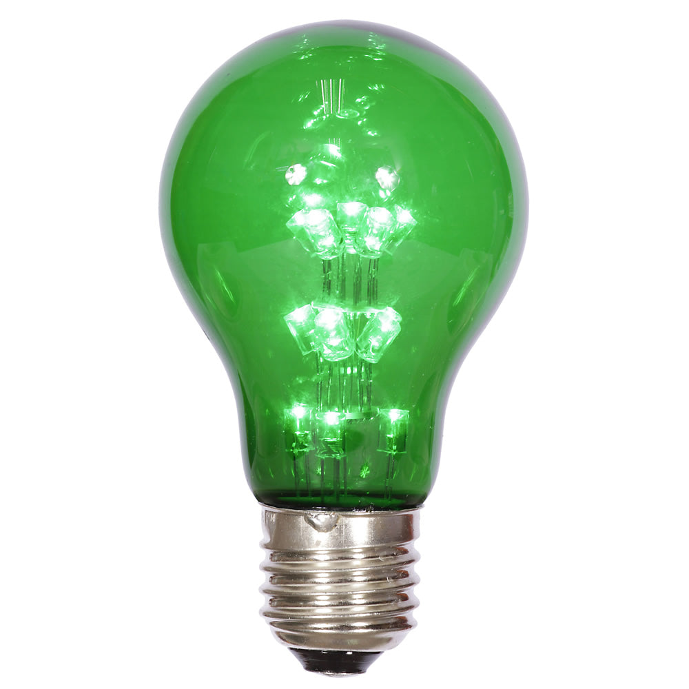 25PK - A19 LED Green Transp Bulb E26 Nk Base