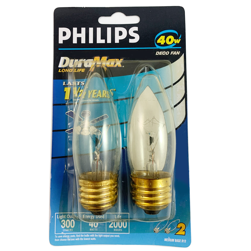 2pk- Philips 40W B13 Decorative Fan Candelabra Incandescent Light Bulb