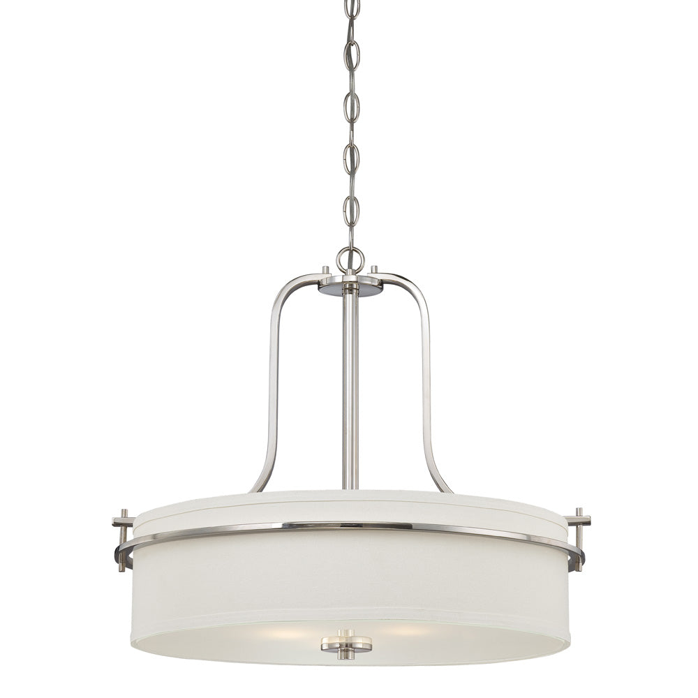Nuvo Loren 4-Light Pendant Fixture w/ White Linen Shade in Polished Nickel