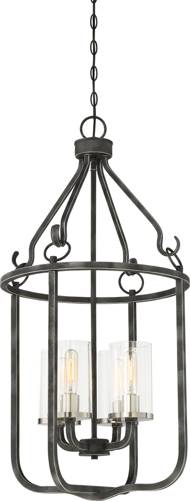 Nuvo Sherwood 4-Light Iron Black Caged Pendant w/ Clear Glass in Brushed Nickel
