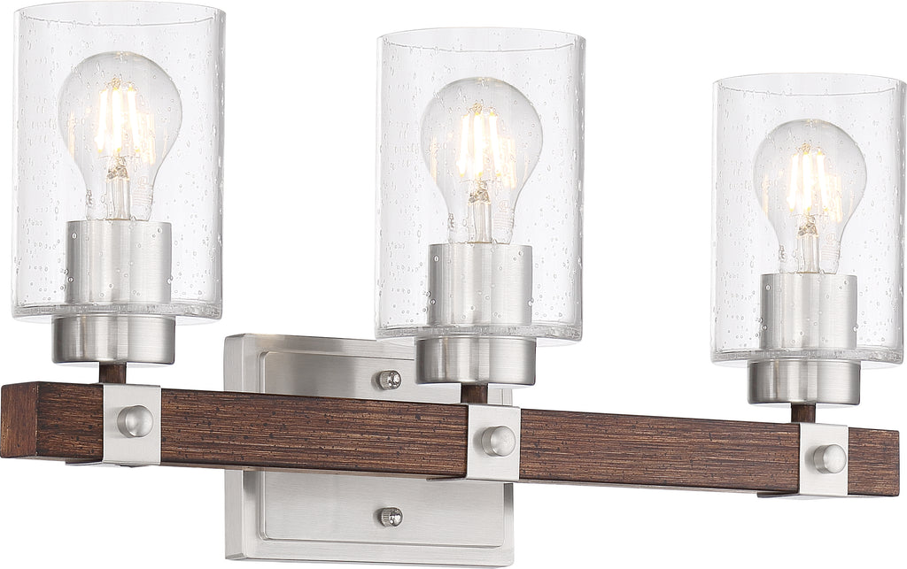 Nuvo 60w A19 Arabel Wall 3-Light 120v Brushed Nickel Nutmeg Wood & Clear Seeded