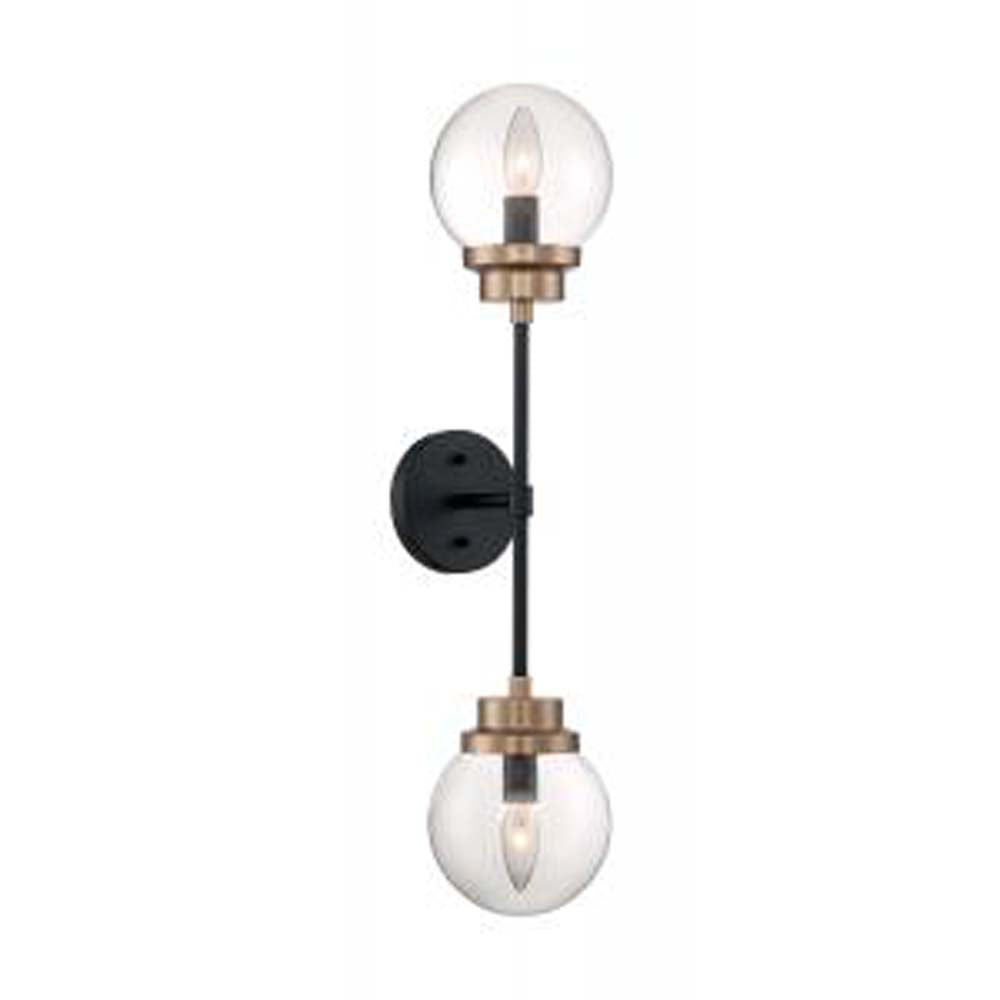 Nuvo Axis 2 Light Sconce w/ Clear Glass in Matte Black & Brass Accents Finish