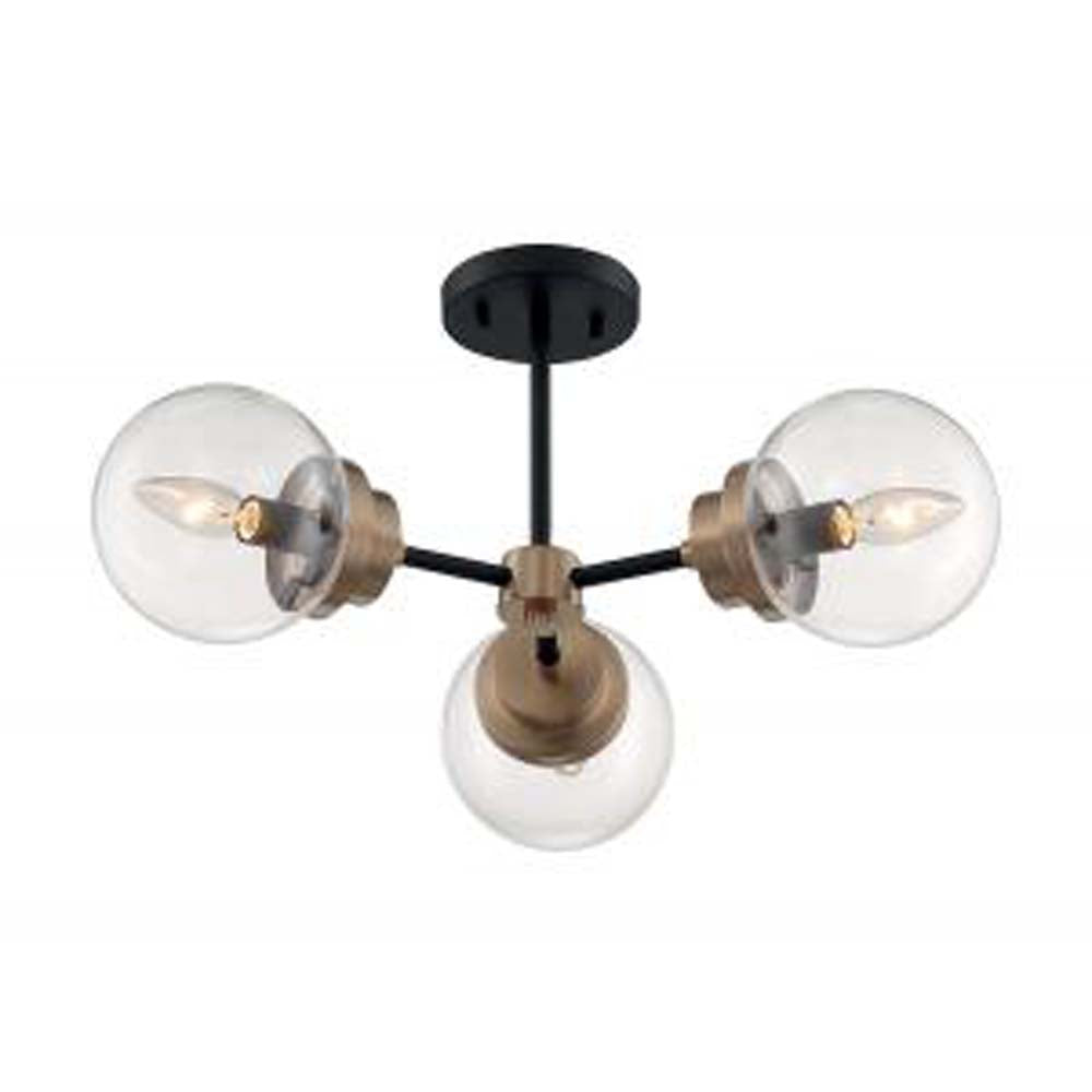 Nuvo Axis 3-Light Semi Flush w/Clear Glass in Matte Black & Brass Accents Finish