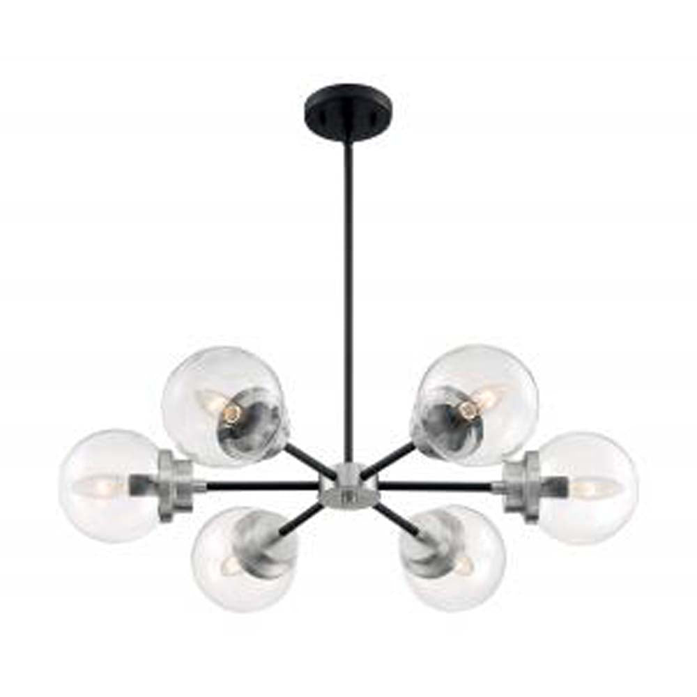 Nuvo Axis 6-Light Chandelier w/ Clear Glass in Matte Black & Brushed Nickel