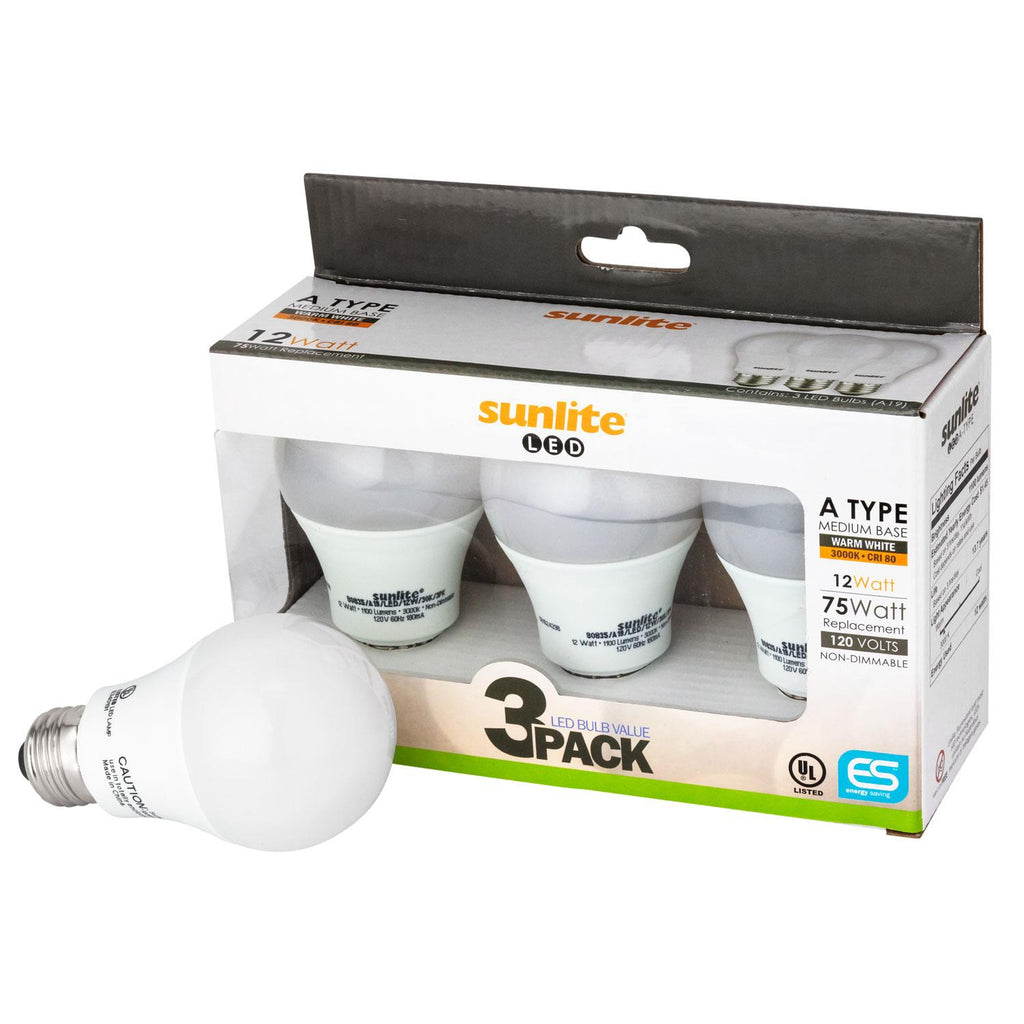 3Pk - SUNLITE 12w A19 LED Standard Household Bulb Frosted 4000K Cool White