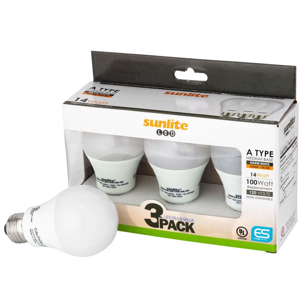 3Pk. Sunlite 14w LED Household Light Bulbs E26 Medium Base 3000K Warm White
