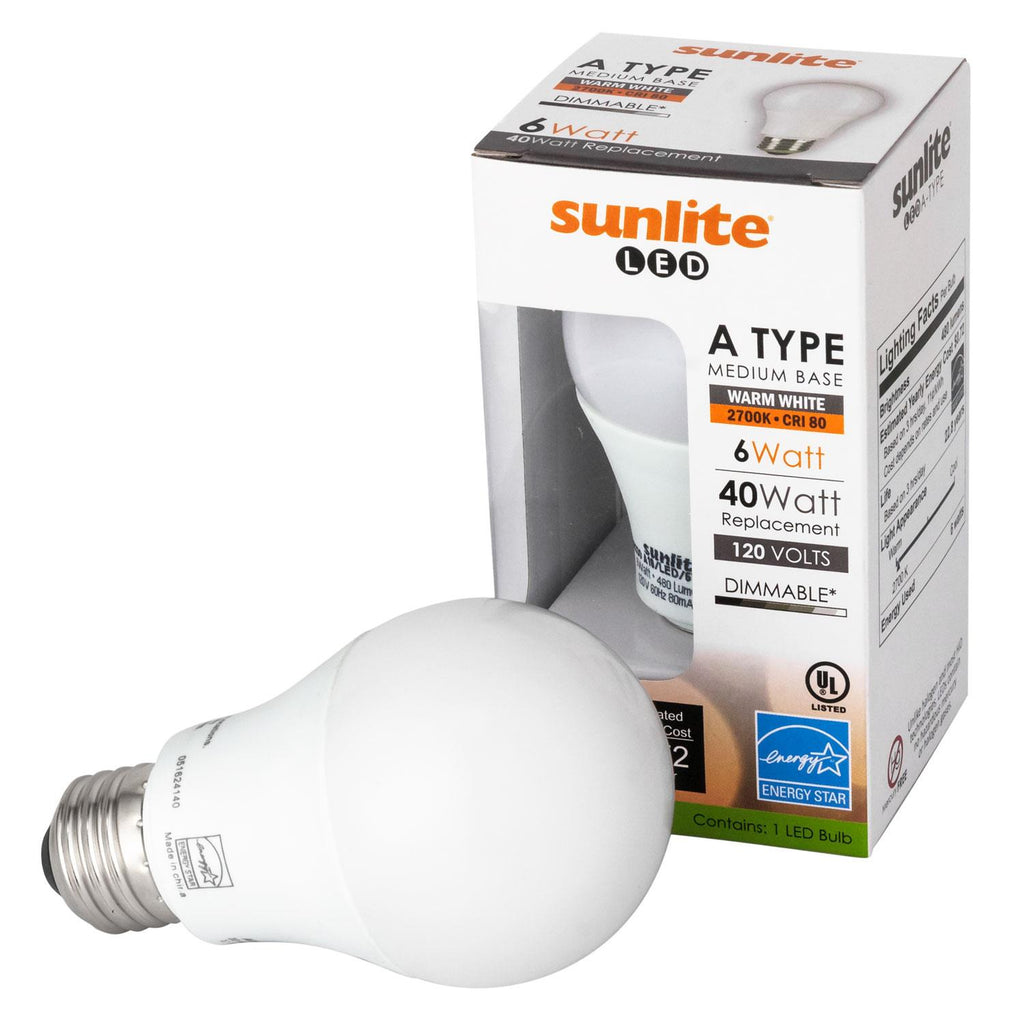 Sunlite 88330-SU LED Household 6w A19 Light Bulbs Dimmable 2700K Warm White