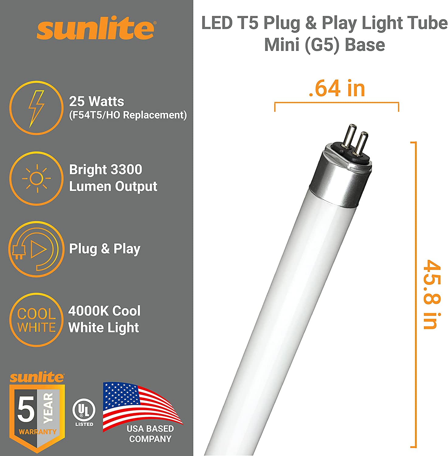 SUNLITE 4ft. 25w 2-Pin G5 LED T5 4000K Cool White - F54T5/HO Replaceme ...