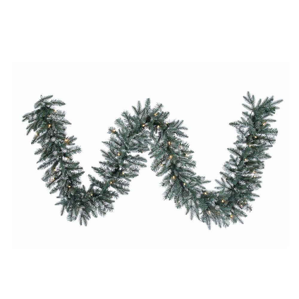 9Ft. Crystal Frosted Balsam Garland 210Tips 50Clear Lights 20 Silver Balls