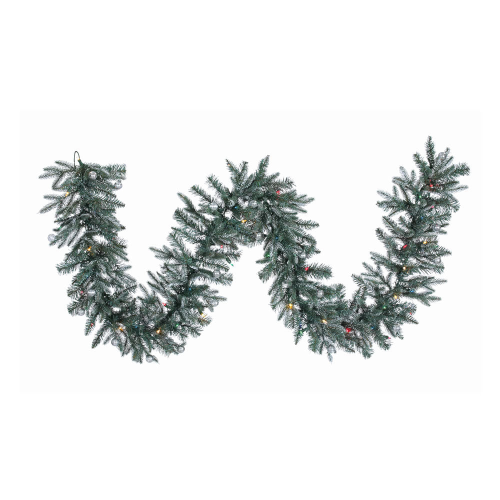 9Ft. Crystal Frosted Balsam Garland 210Tips 50Multi Lights 20 Silver Balls