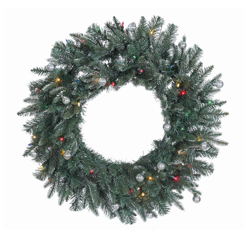 30in. Crystal Frosted Balsam Wreath 180Tips 50Multi Lights 15 Silver Balls
