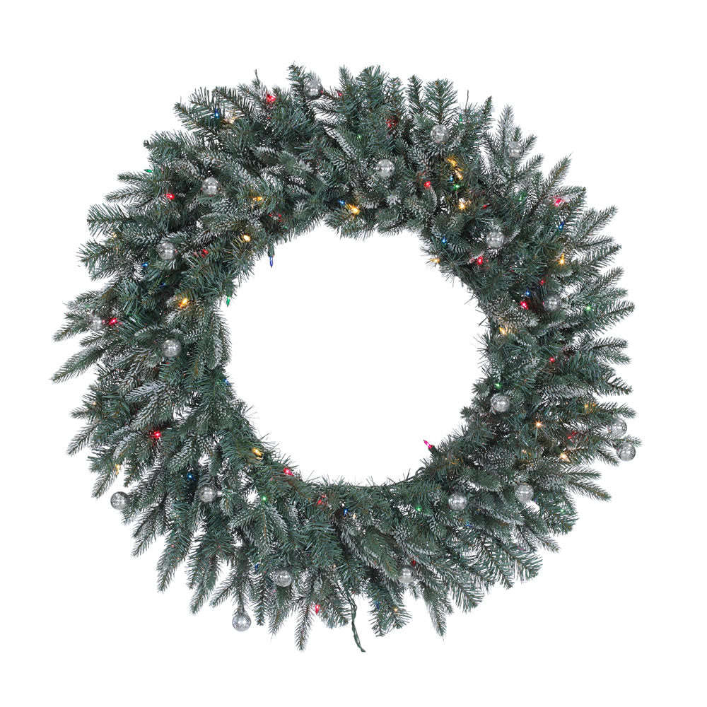 36in. Crystal Frosted Balsam Wreath 240Tips 100Multi Lights 20 Silver Balls