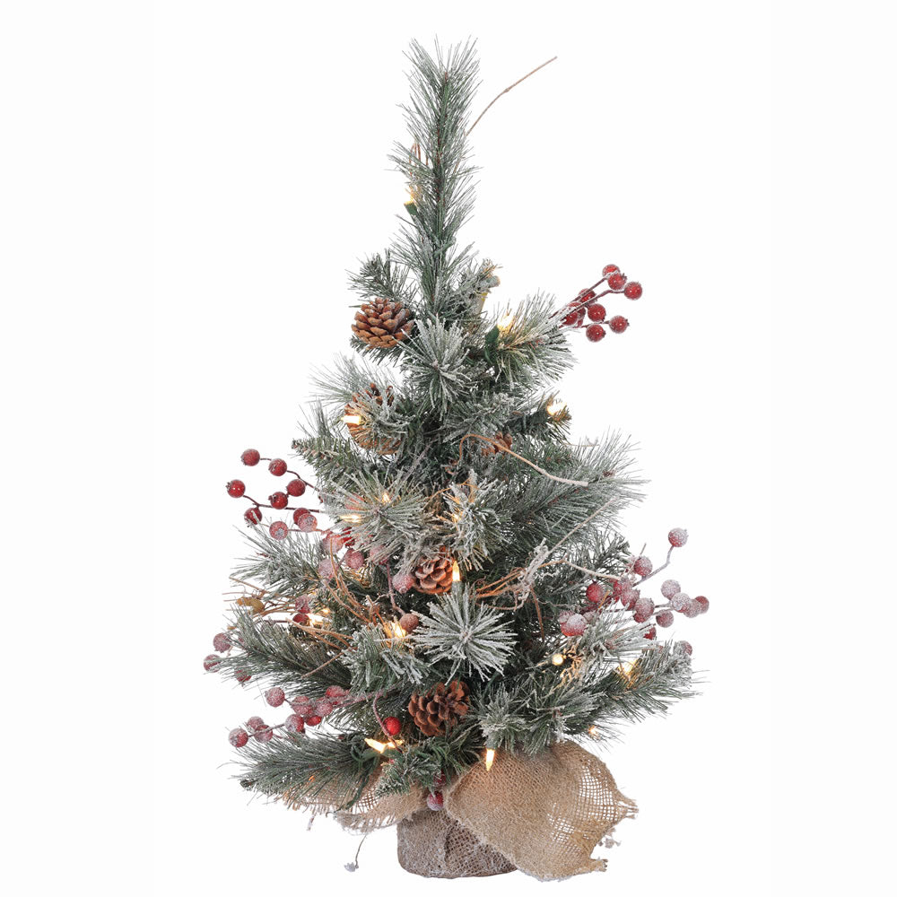 Vickerman 2' Snow Tip Pine and Berry Artificial Christmas Tree w/ Clear Lights