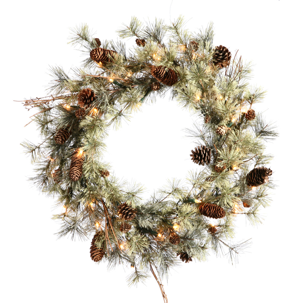 24" Dakota Pine Wreath - Pine Cones and 35 Clear Lights