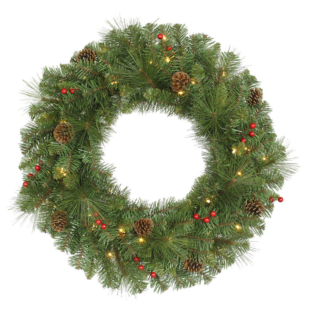 30" Cambridge Wreath - Pine Cones, Berries, 50 Warm White LED Lights - 168 Tips