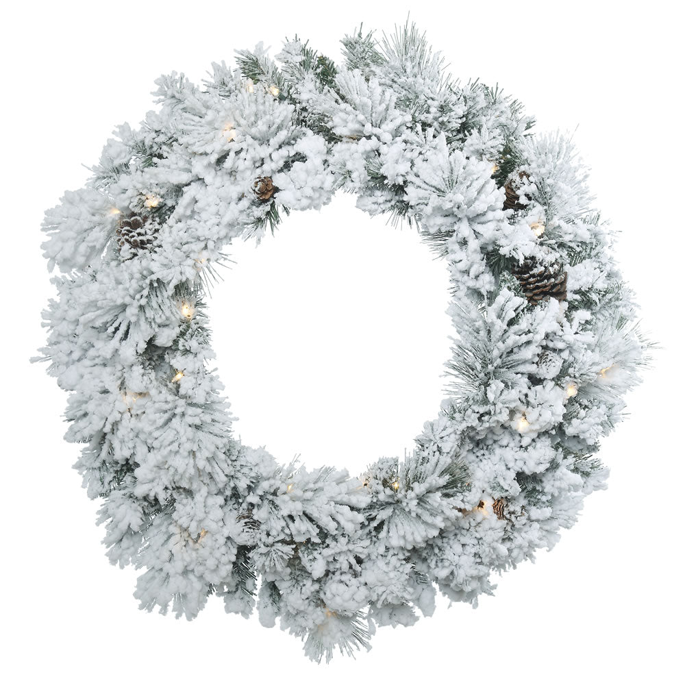 30" Flocked Ashton Wreath With Pine Cones and 50 Clear Lights