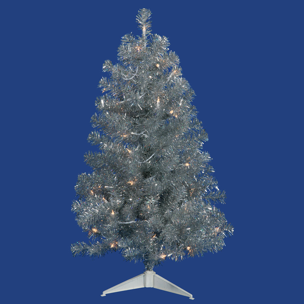 Vickerman 3' Silver Artificial Christmas Tree - 50 Clear Lights - Plastic stand