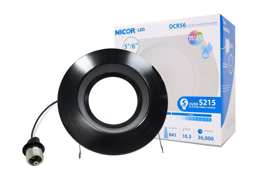 NICOR 5/6in. 919Lm LED Downlight in Black, 5000K Round Recessed Light