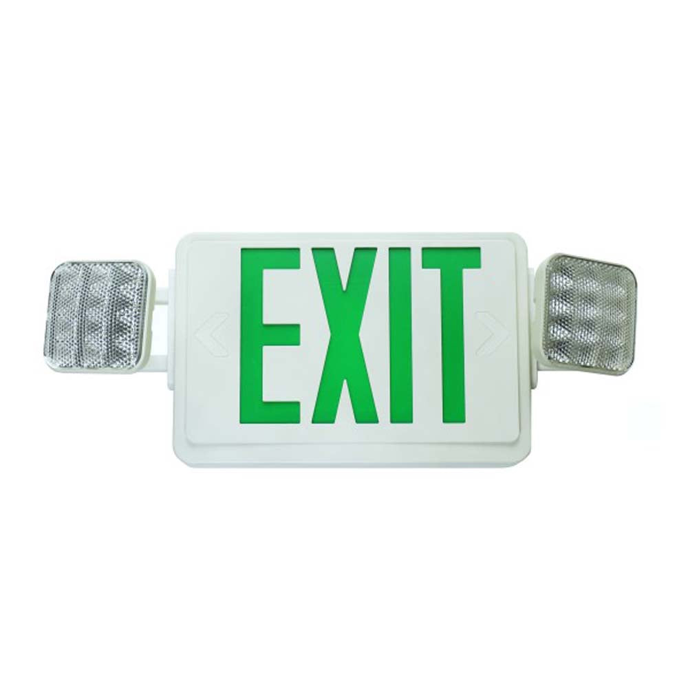 LED Emergency Exit Sign w/ Dual Adjustable LED Heads, White w/ Green L ...