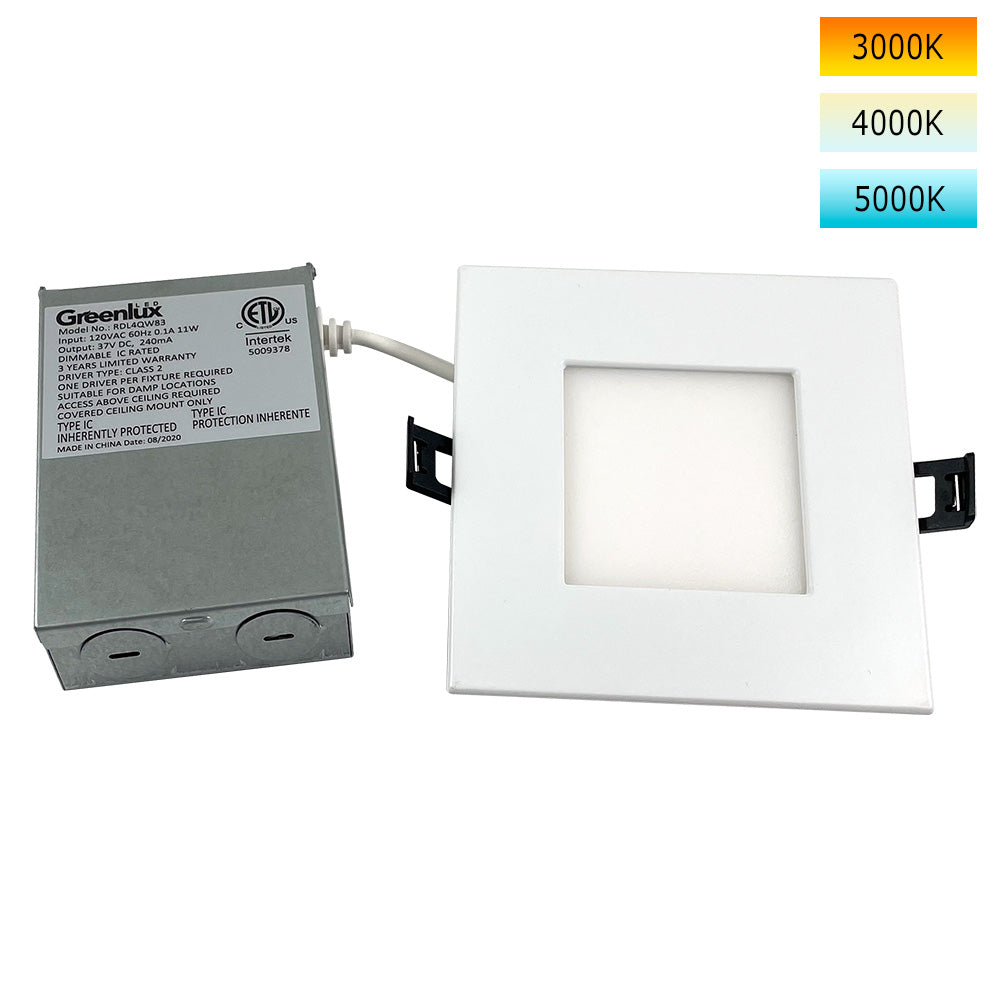 4in 11W LED Square Downlight 3K/4K/5K Selectable CCT Low Profile Dimmable - 65W Replacement