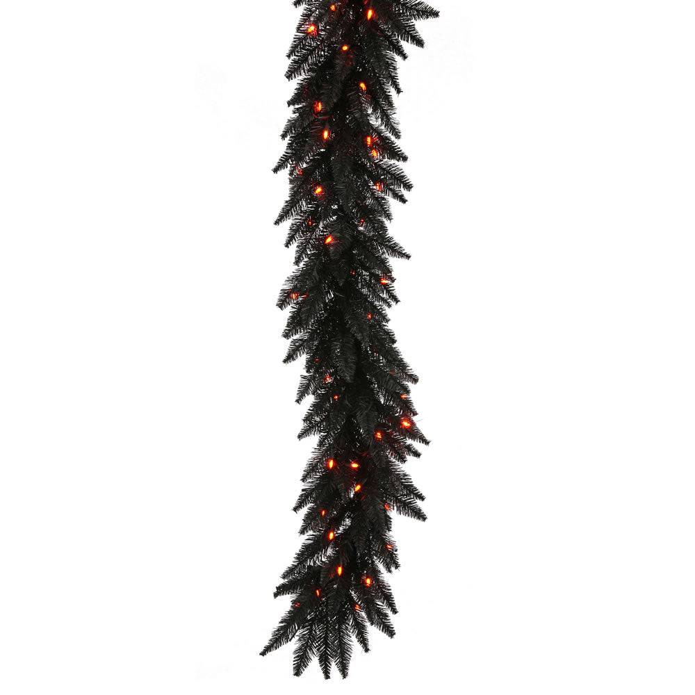 9' x 14" Black Artificial Garland - 250 PVC Tips 100 Orange Dura-Lit LED Lights