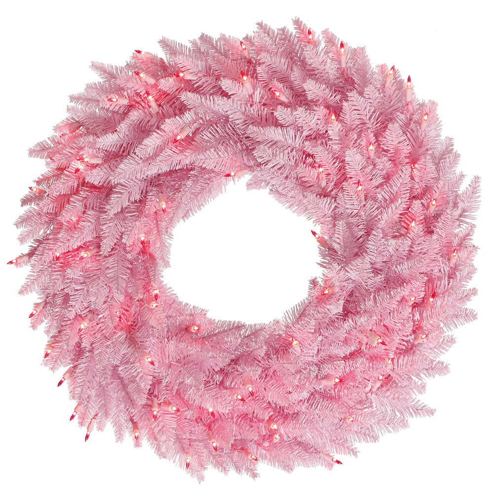 30" Light Pink Fir Artificial Wreath - 260 PVC Tips 100 Pink Dura-Lit LED Lights