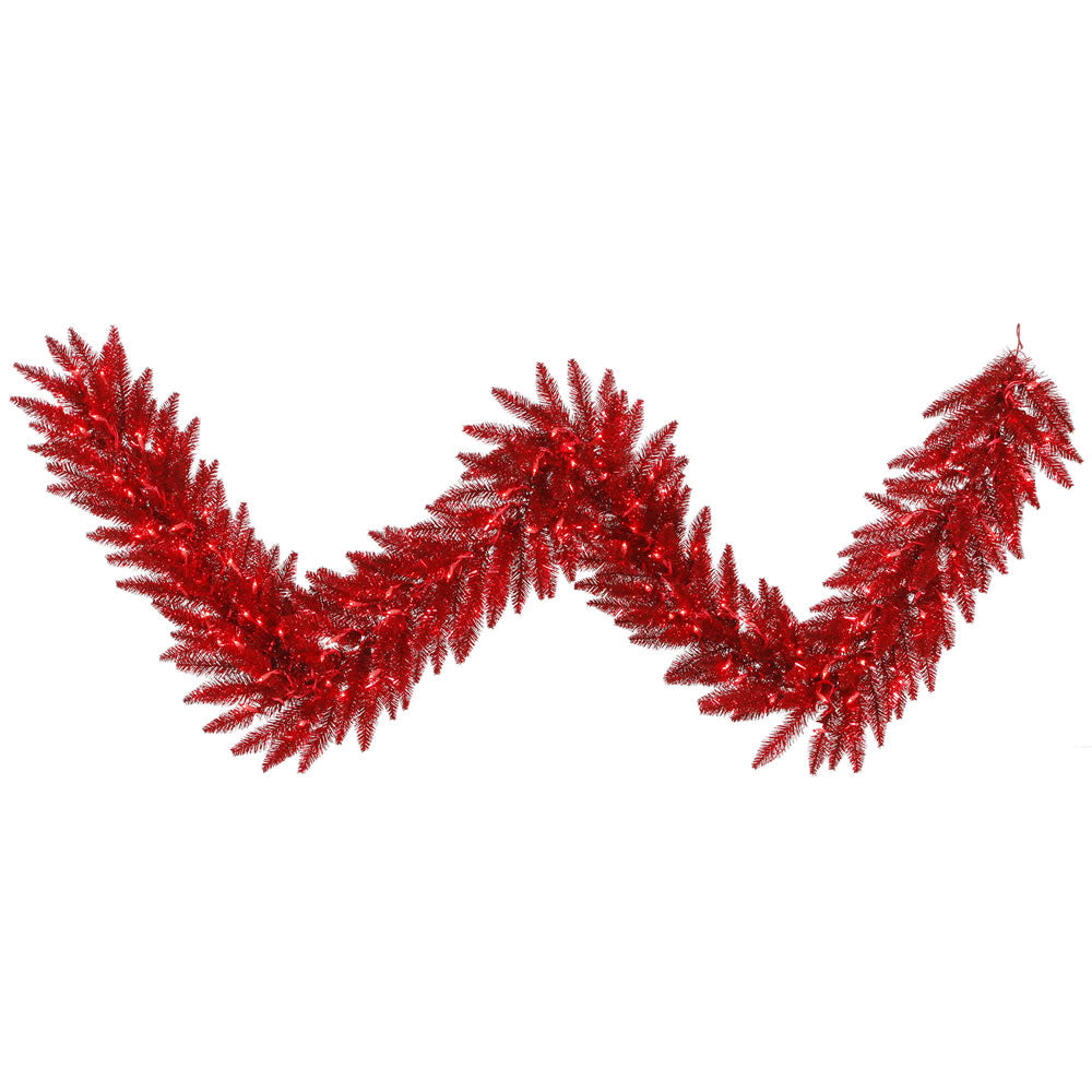 9' x 14" Tinsel Red Artificial Garland 250 PVC Tips 100 Red Dura-Lit LED Lights