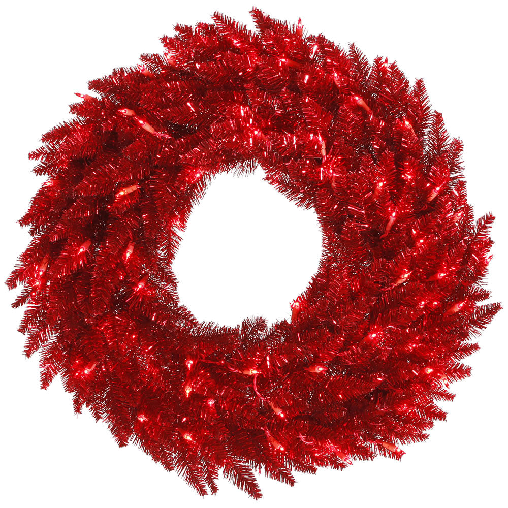 24" Tinsel Red Artificial Wreath 210 PVC Tips 50 Red Dura-Lit Italian LED Lights