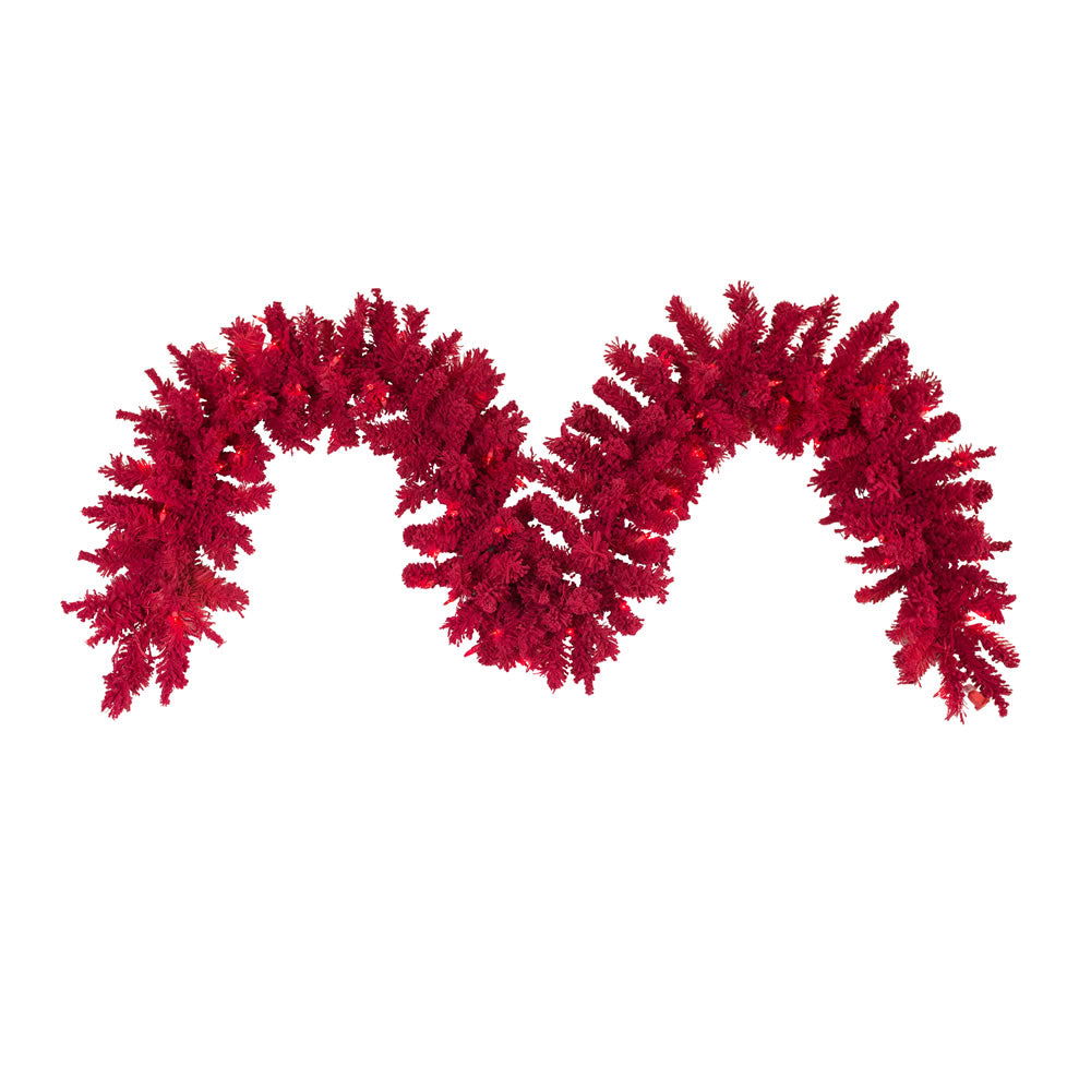 9' x 14" Flocked Red Artificial Garland - 210 Tips 100 Red Dura-Lit LED Lights