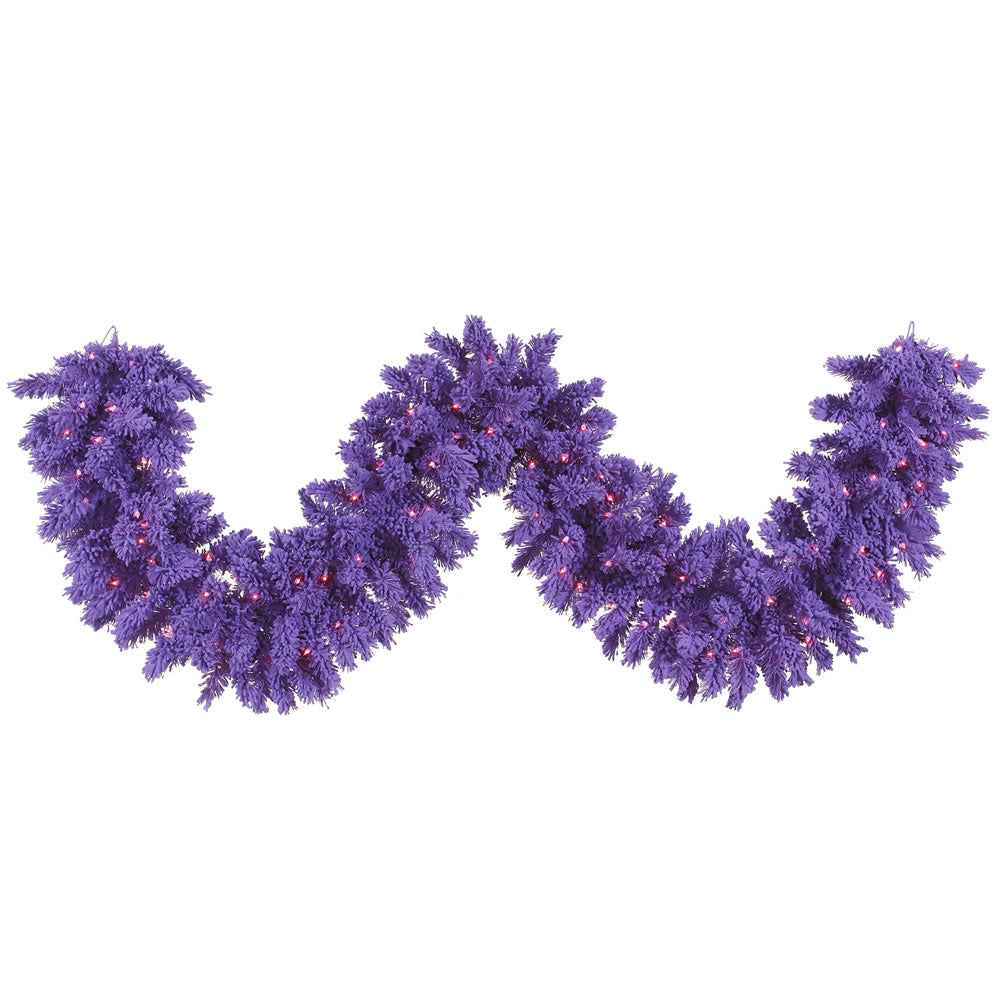 9' x 14" Flocked Purple Artificial Garland - 210 Tips 100 Dura-Lit Purple lights