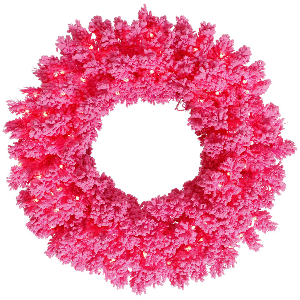 30" Flocked Pink Artificial Wreath - 180 PVC Tips 100 Pink Dura-Lit LED Lights