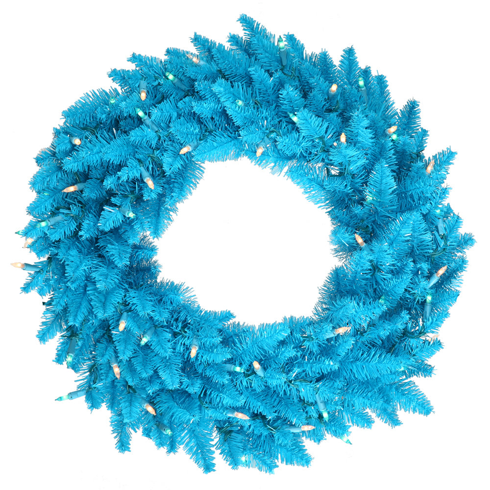 24" Sky Blue Artificial Wreath - 210 PVC Tips 50 Sky Blue Dura-Lit LED Lights