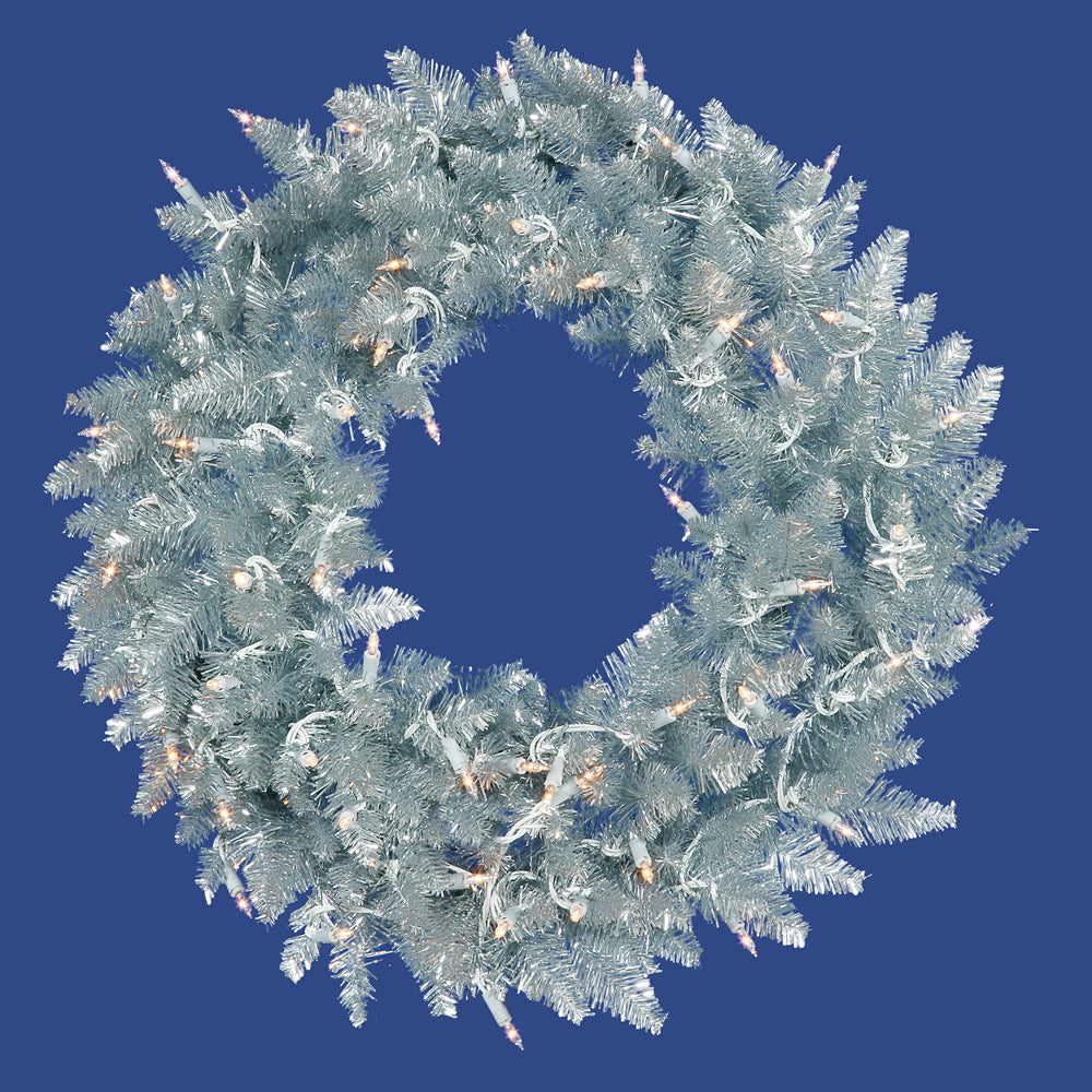 30" Sliver Fir Artificial Wreath 260 PVC Tips 100 Warm White Dura-Lit LED Lights