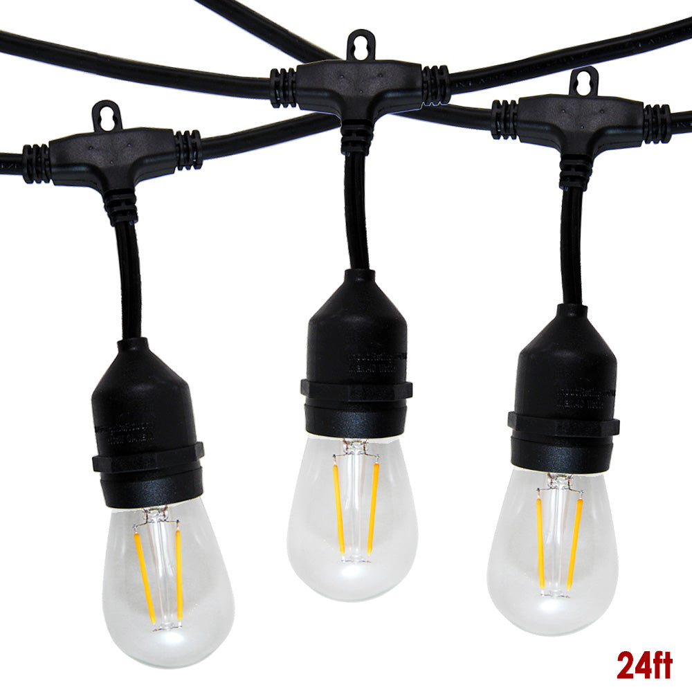 24Ft Outdoor LED String Lights 2W S14 LED Warm White Bulb w/ 12 Sockets
