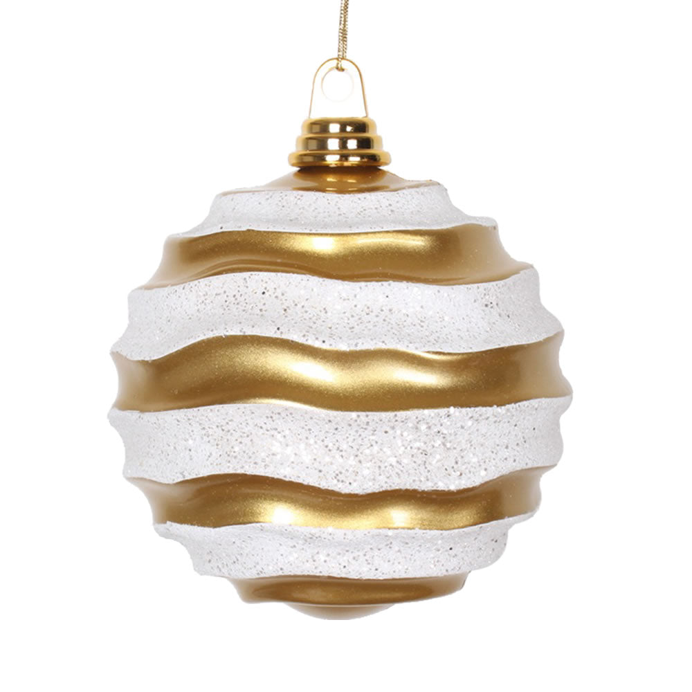 Vickerman 6 in. Gold-White Candy Glitter Ball Christmas Ornament
